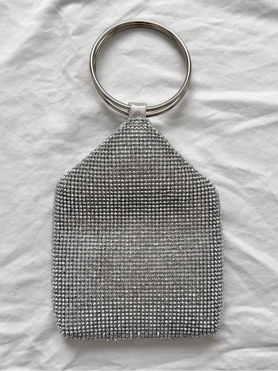 Handbags - Silver Rhinestone Circle Handle Soft Handbag | Fits iPhone 17 Pro Max